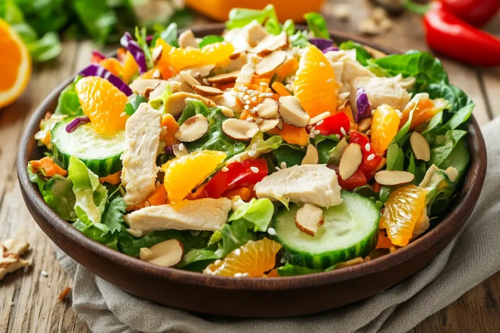 Colorful chicken coleslaw salad with ginger sesame dressing in a rustic bowl