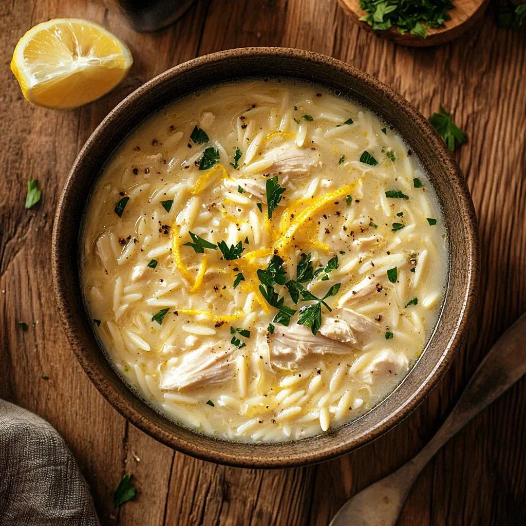 Creamy Lemon Orzo Chicken Soup served in a ceramic bowl on a rustic table