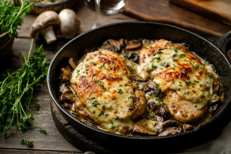 Chicken Lombardy in a skillet with melted cheese and mushrooms on a rustic wooden table.