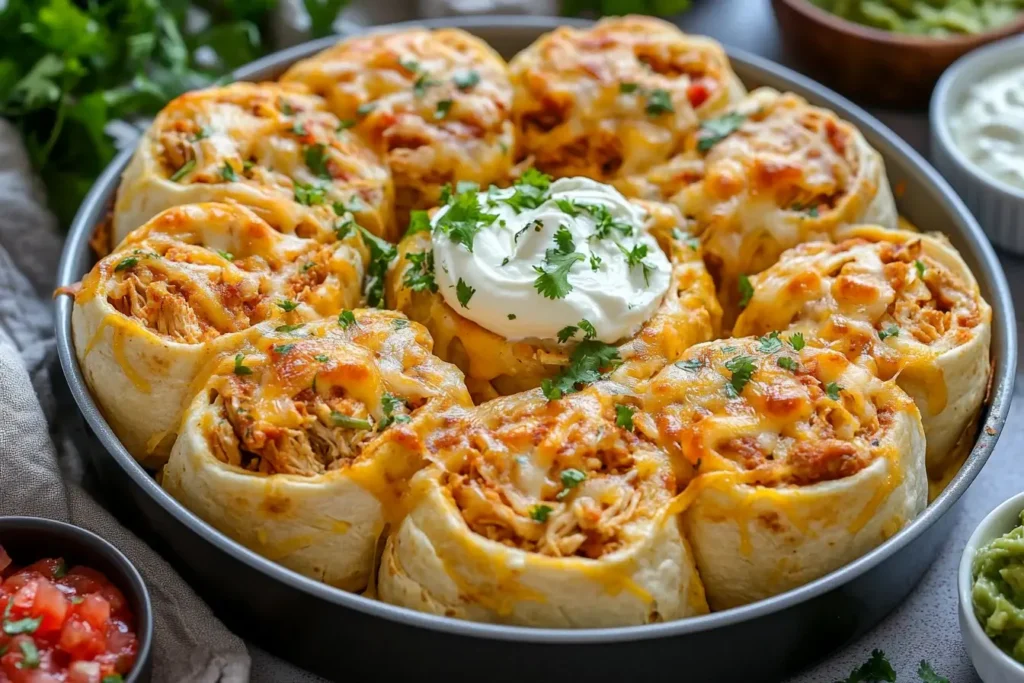 Pull Apart Chicken Tacos arranged in a round pan with melted cheese and dipping sauces on the side.