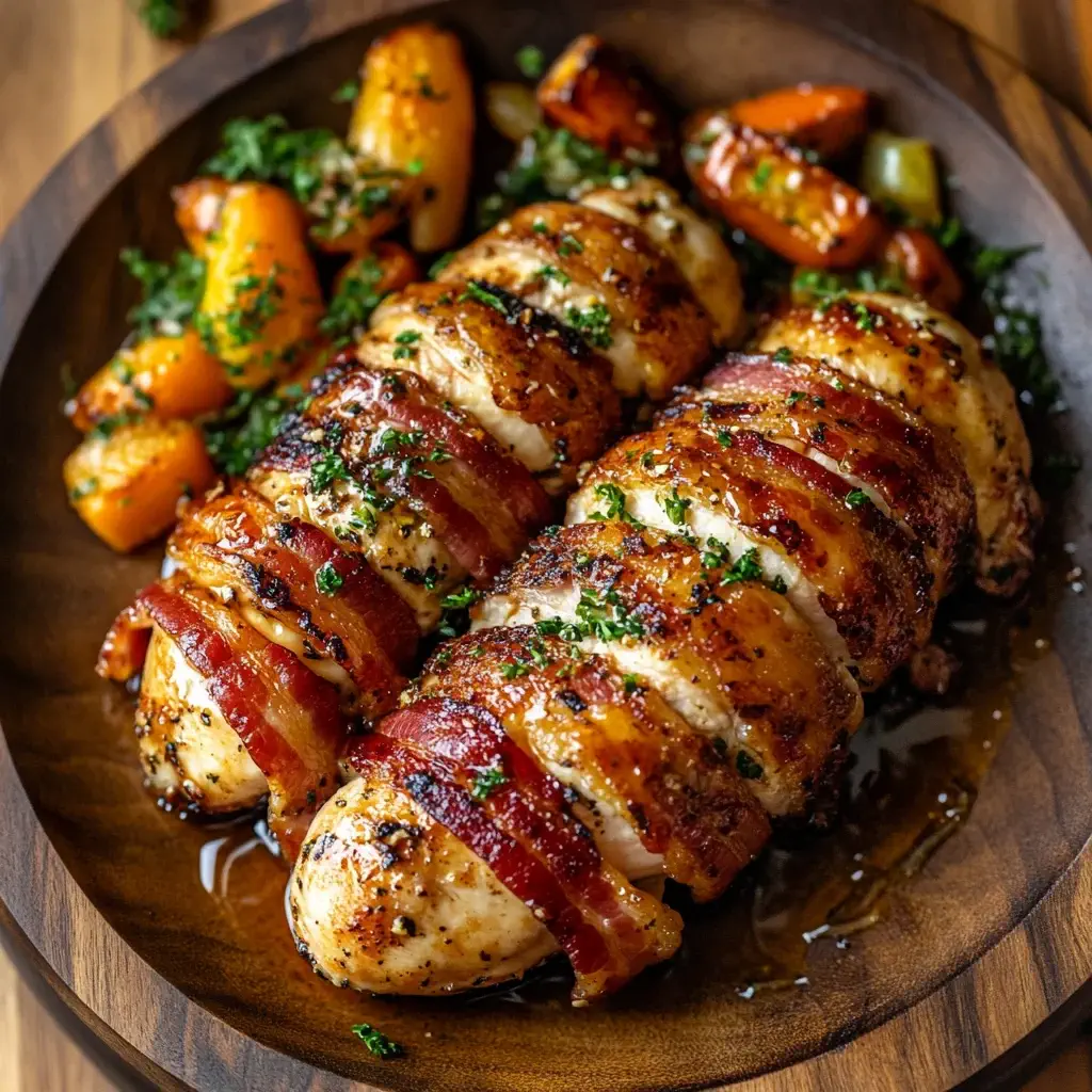 A crispy Sweet & Smoky Garlic Bacon Chicken drizzled with honey, served with roasted vegetables on a rustic plate.
