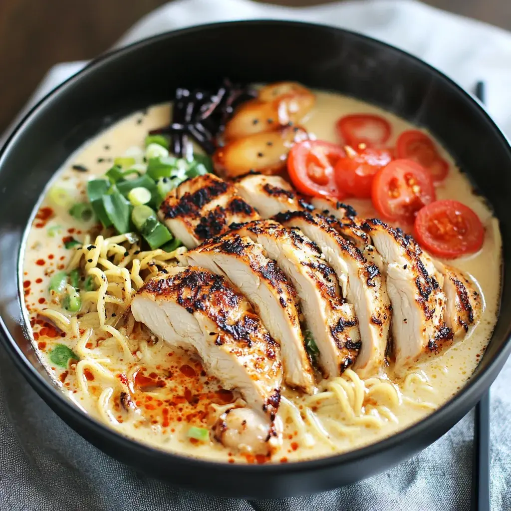 Fiery Chicken Ramen with Creamy Garlic Sauce cherry tomatoes, green onions, and chili oil drizzle.