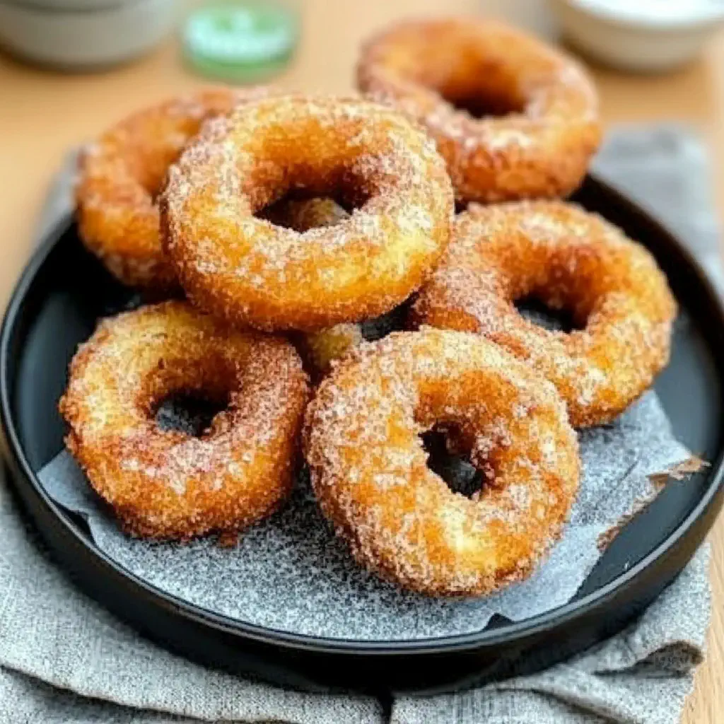 Golden crispy chicken and potato doughnuts stacked on a black plate, coated with a crunchy seasoned crust.