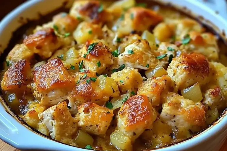 Dolly’s Chicken and Stuffing Casserole with melted cheese and crispy topping in a white dish