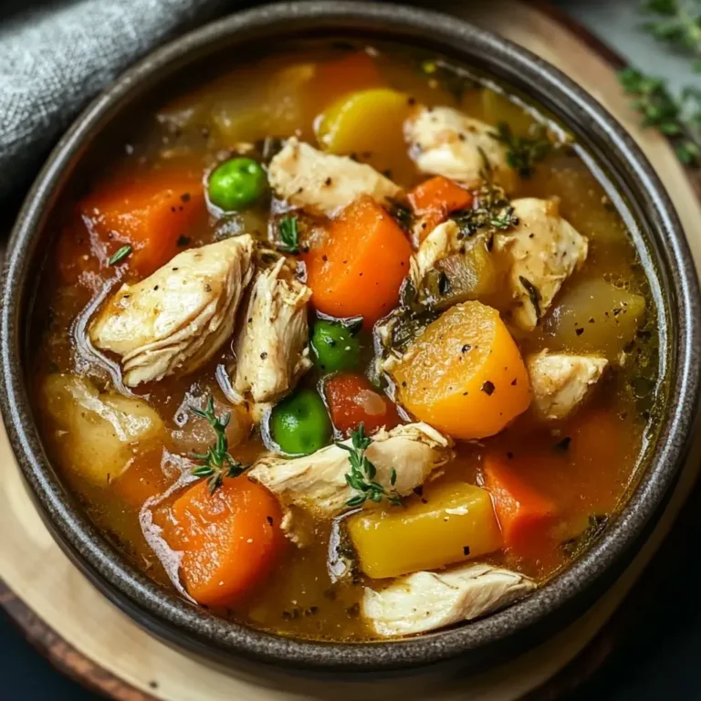 Hearty Chicken and Vegetable Stew in a rustic bowl with steam and fresh herbs