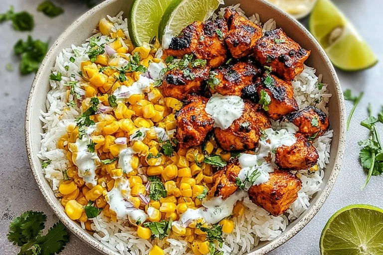 Grilled Street Corn Chicken Rice Bowl with charred seasoned chicken chunks, cilantro lime rice, Mexican street corn, creamy sauce drizzle, and fresh lime wedges in a rustic bowl