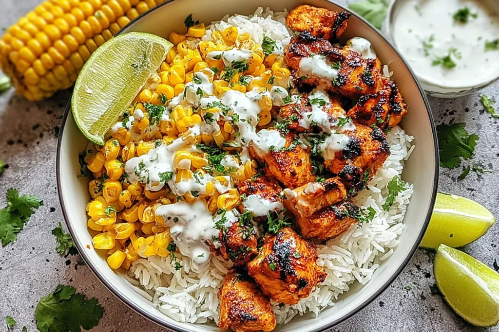 Close-up of a Street Corn Chicken Rice Bowl with grilled charred chicken pieces, fluffy white rice, creamy Mexican street corn, lime wedges, and fresh cilantro topping