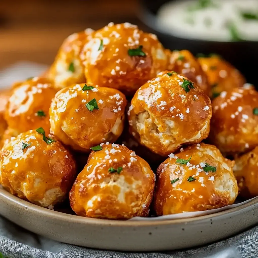 Cheesy Ranch Buffalo Chicken Pretzel Bites served on a plate with ranch and cheese dip