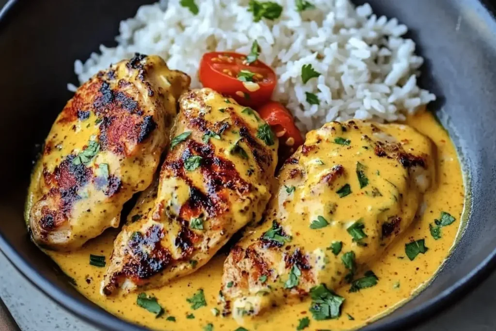 Creamy Peri Peri Chicken Delight with Garlic Rice with rich sauce and fresh herbs