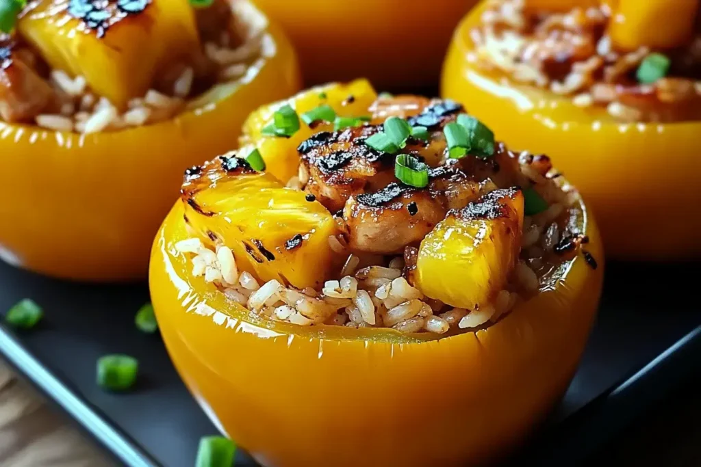 Close-up of a yellow bell pepper stuffed with teriyaki chicken, rice, and pineapple chunks, garnished with green onions.