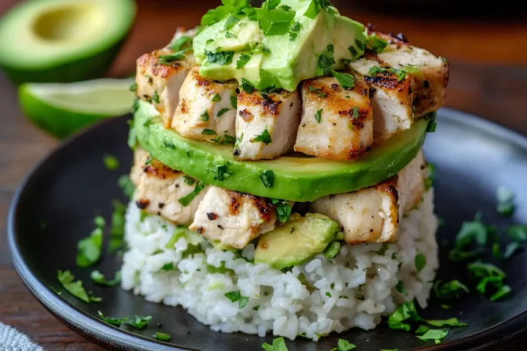 Honey Lime Chicken and Avocado Rice Stack served in a rustic bowl with avocado, rice, and lime garnish