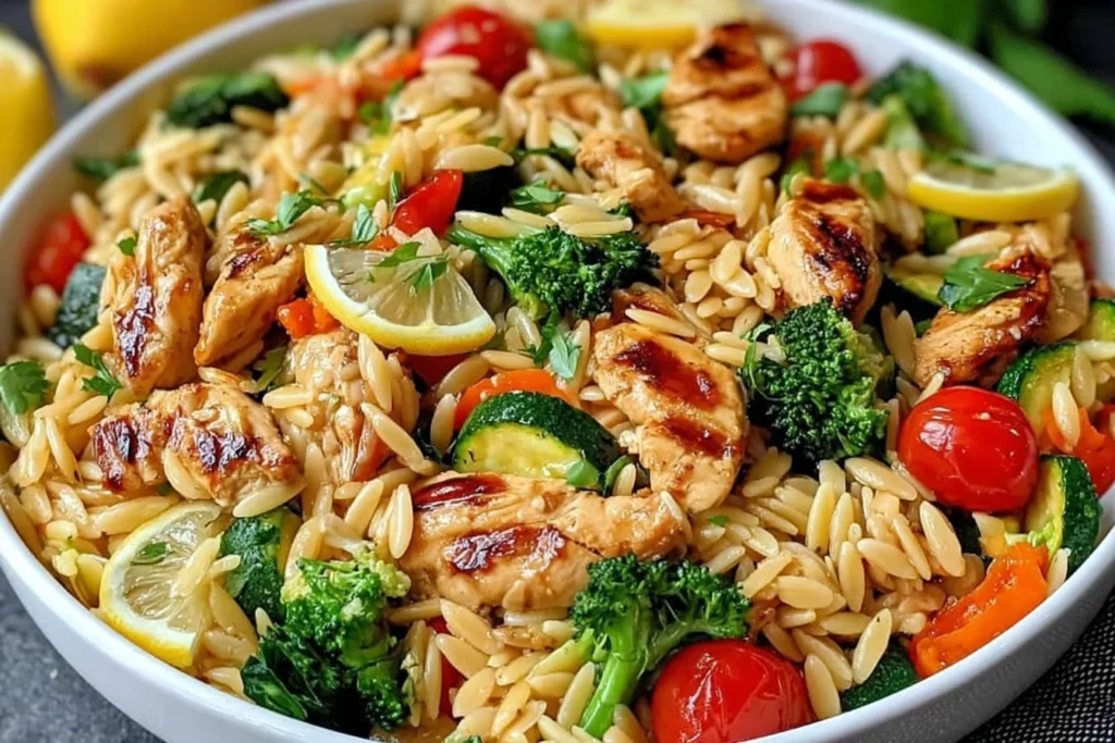 Lemon Chicken and Veggie Orzo Stir Fry with grilled chicken, broccoli, zucchini, cherry tomatoes, and fresh lemon slices in a flavorful skillet dish