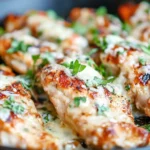Juicy Blackstone Garlic Parmesan Chicken topped with melted cheese and fresh parsley in a skillet