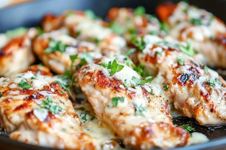 Juicy Blackstone Garlic Parmesan Chicken topped with melted cheese and fresh parsley in a skillet