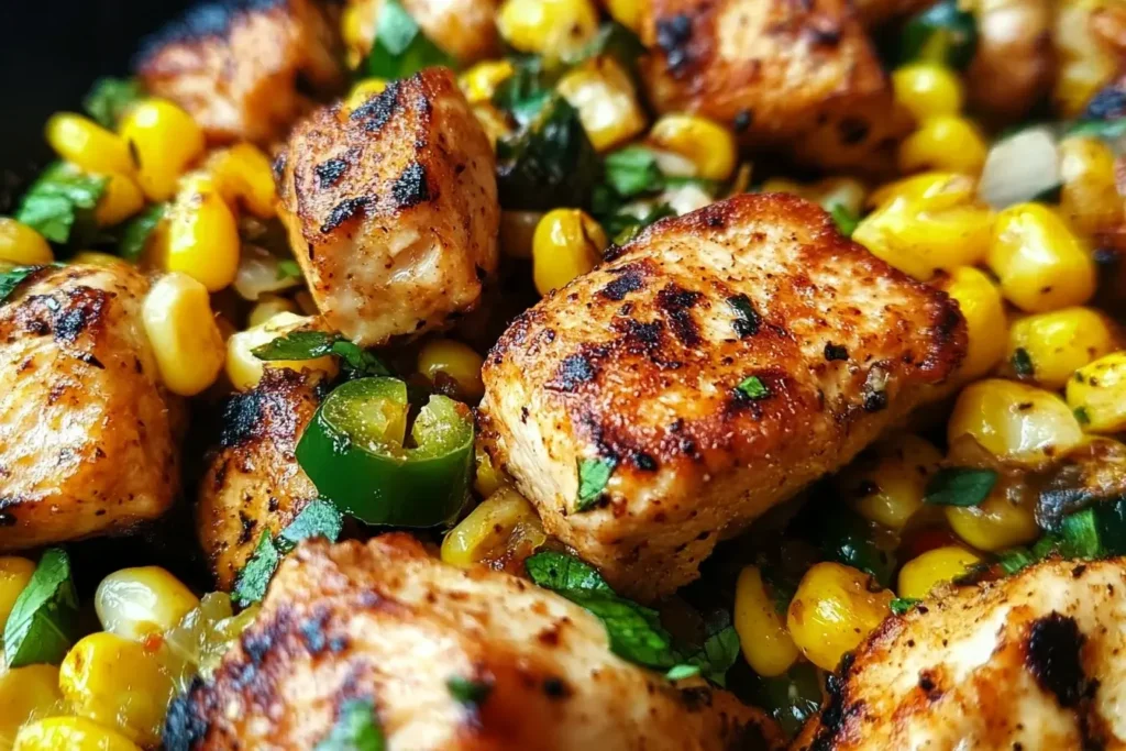 Close-up of sizzling Blackstone Jalapeno Lime Chicken and Corn with charred chicken pieces, fresh corn, jalapeños, and herbs.