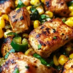 Close-up of sizzling Blackstone Jalapeno Lime Chicken and Corn with charred chicken pieces, fresh corn, jalapeños, and herbs.