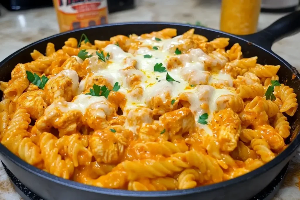 Bold and Zesty Buffalo Ranch Chicken Pasta Skillet loaded with creamy sauce, melted cheese, and fresh parsley.