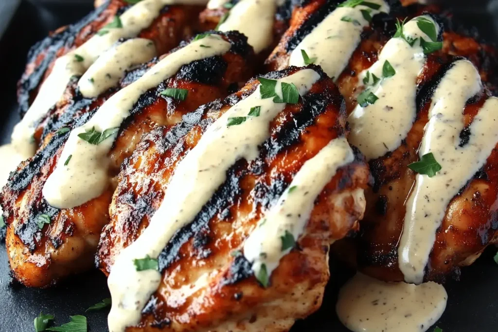 Cajun Grilled Chicken with Alabama White Sauce and fresh herbs