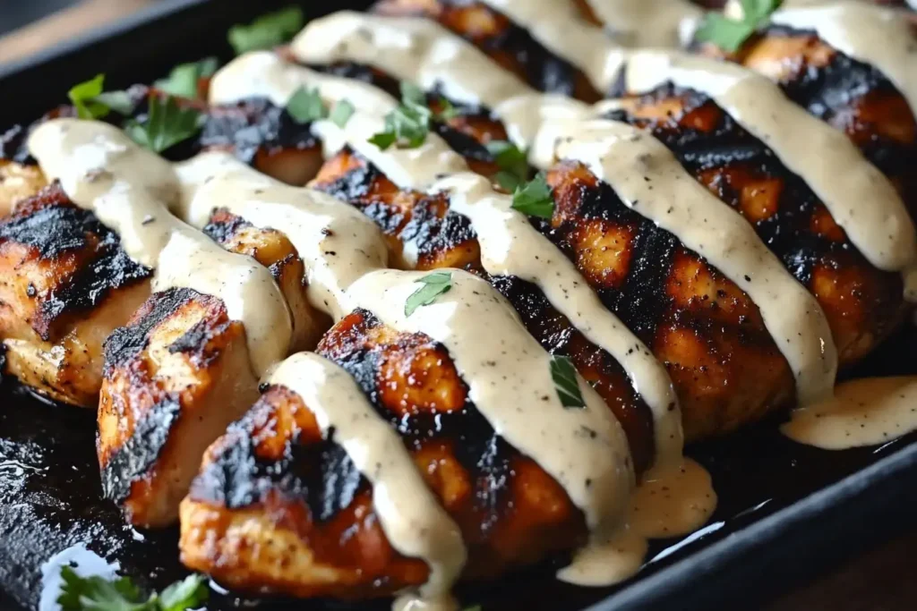 Cajun Grilled Chicken with Alabama White Sauce drizzled on charred, juicy chicken breasts