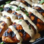 Cajun Grilled Chicken with Alabama White Sauce drizzled on charred, juicy chicken breasts