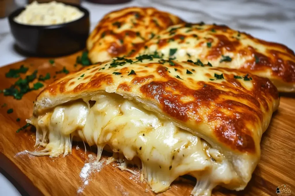 Close-up of golden-brown Chicken Alfredo Air Fryer Calzones with gooey melted cheese oozing out