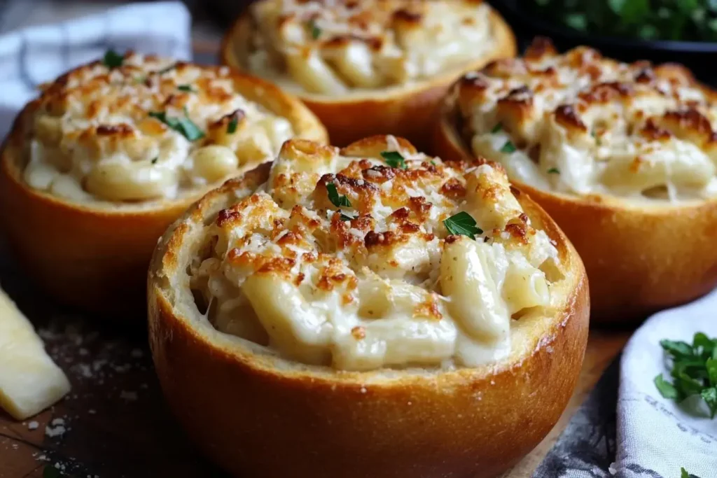 Golden-baked Chicken Alfredo Garlic Bread Bowls filled with creamy pasta and topped with melted cheese and fresh herbs.