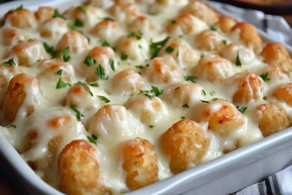 Golden tater tots baked on top of a creamy chicken alfredo tater tot casserole in a white dish, garnished with melted mozzarella and fresh parsley.
