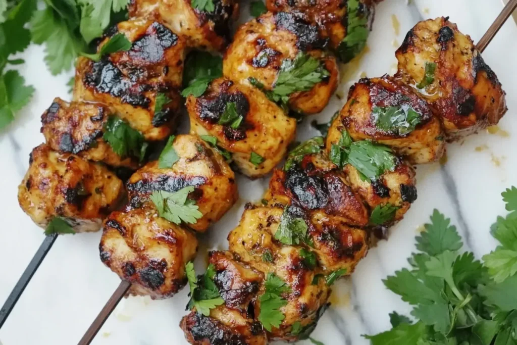 Juicy grilled chicken skewers from a flavorful Chicken Kebab Recipe, garnished with fresh herbs.