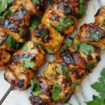 Juicy grilled chicken skewers from a flavorful Chicken Kebab Recipe, garnished with fresh herbs.
