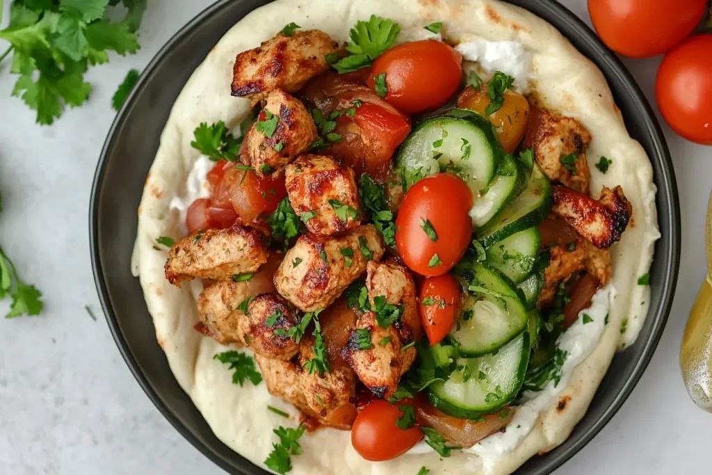 Open-faced Chicken Shawarma Recipe with grilled chicken, cucumbers, cherry tomatoes, and herbs on pita bread with tzatziki.