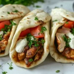 Juicy grilled chicken wraps topped with tzatziki, tomatoes, and parsley — Chicken Shawarma Recipe served in warm pita bread.