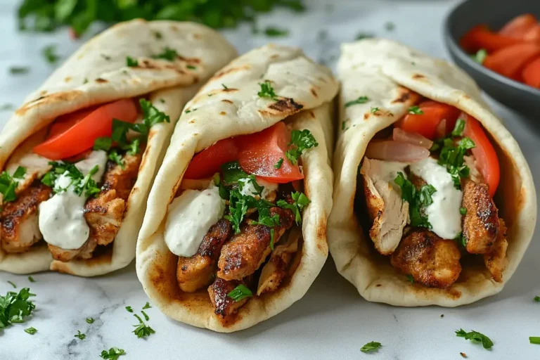 Juicy grilled chicken wraps topped with tzatziki, tomatoes, and parsley — Chicken Shawarma Recipe served in warm pita bread.