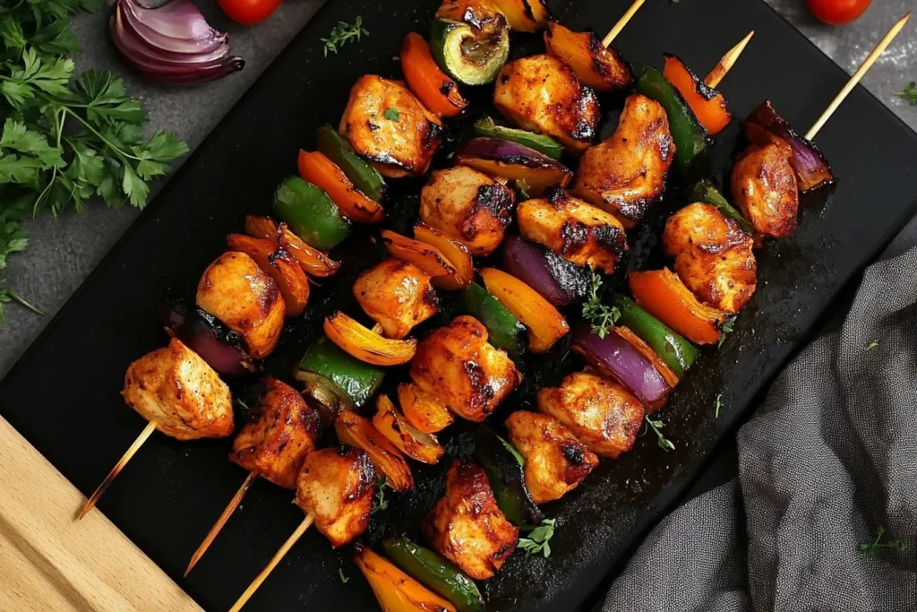 Grilled Chicken Skewers with colorful vegetables and chicken kabob marinade on a black serving platter.