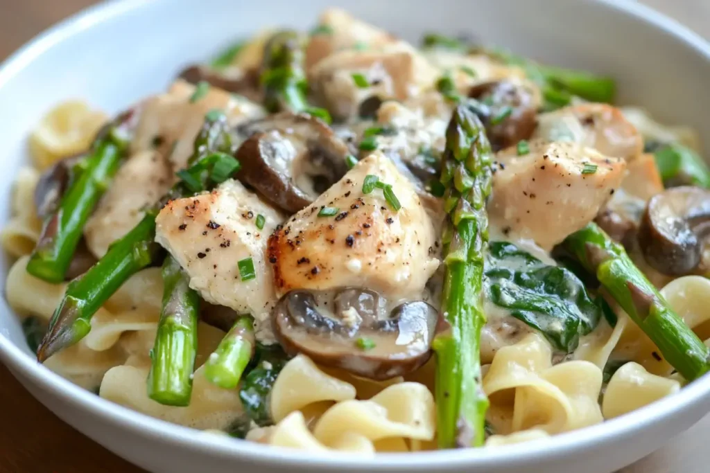 Close-up of Chicken and Asparagus Casserole with mushrooms, spinach, and egg noodles in a creamy Parmesan sauce