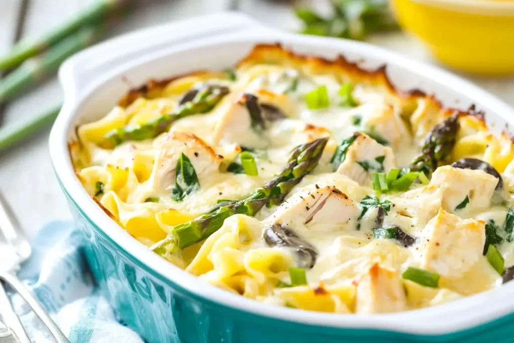 Creamy Chicken and Asparagus Casserole baked with mushrooms, noodles, and golden cheese in a teal ceramic dish