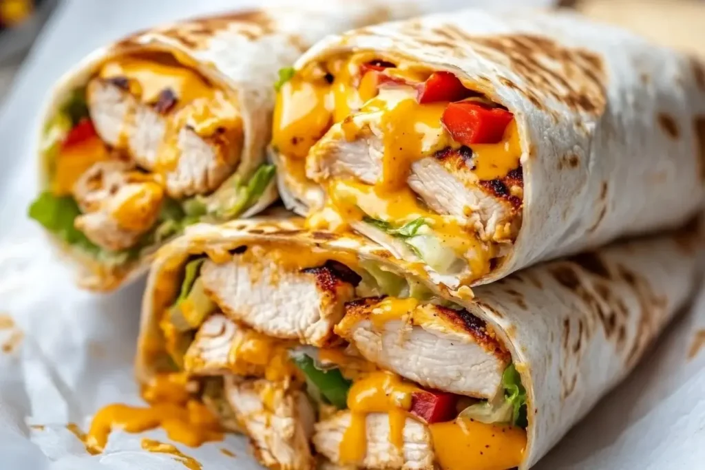 Chipotle Ranch Grilled Chicken Burrito with creamy chipotle sauce, grilled chicken, and fresh veggies wrapped in a flour tortilla