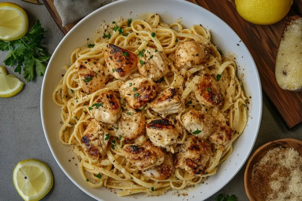 Creamy cowboy butter chicken linguine topped with grilled chicken bites and fresh parsley in a white bowl.