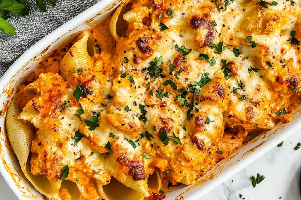 Creamy Cajun Chicken Stuffed Shells baked in a white casserole dish, topped with melted cheese and fresh parsley.
