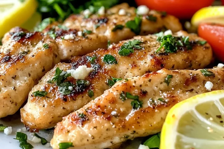 Crispy Greek Chicken Tenders garnished with fresh parsley and lemon slices on a white plate