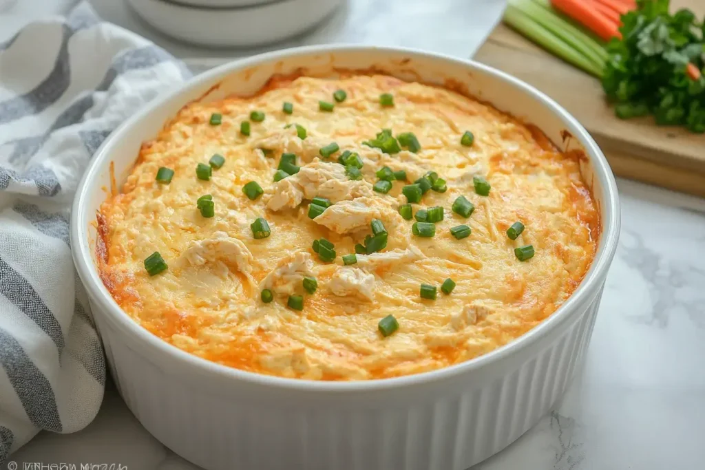 Baked Crockpot Buffalo Chicken Dip topped with green onions in a white casserole dish.