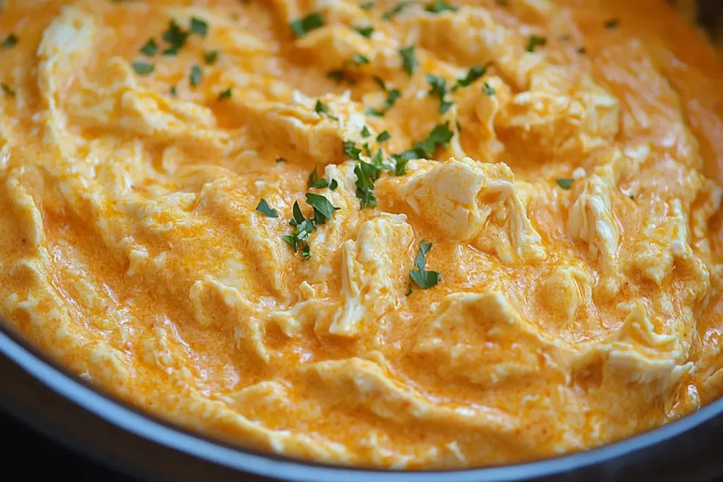 Creamy Crockpot Buffalo Chicken Dip topped with fresh parsley in a serving bowl.