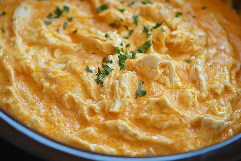 Creamy Crockpot Buffalo Chicken Dip topped with fresh parsley in a serving bowl.