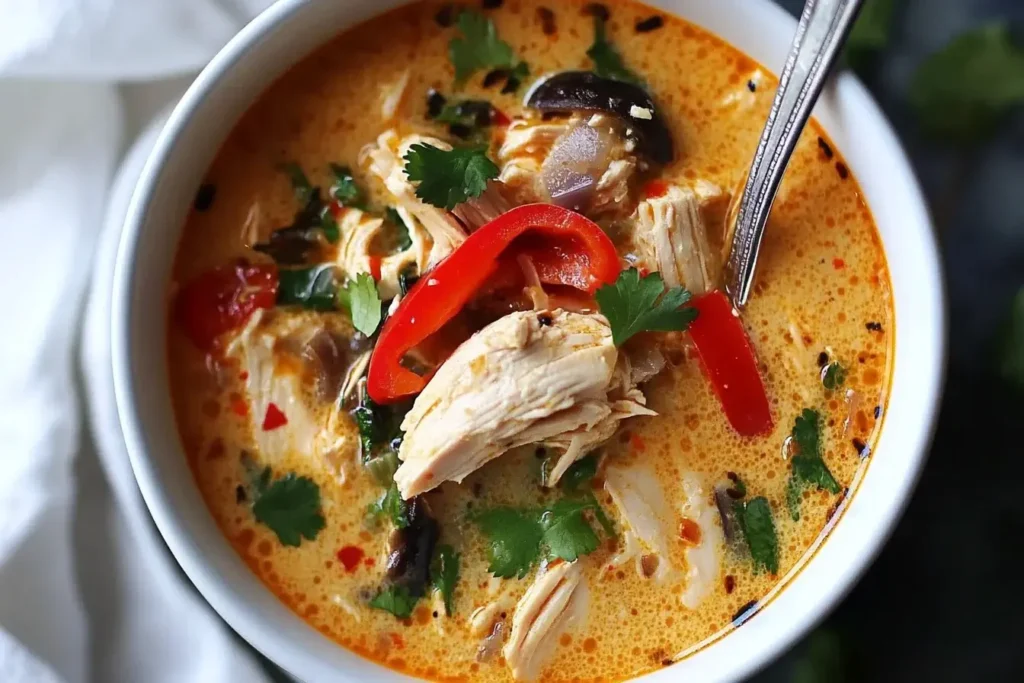 Bowl of Crockpot Thai Coconut Chicken Soup with shredded chicken, red peppers, mushrooms, and fresh cilantro.