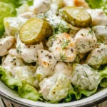 Fresh bowl of Dill Pickle Chicken Salad with creamy dressing, diced pickles, and tender chicken served over crisp lettuce.