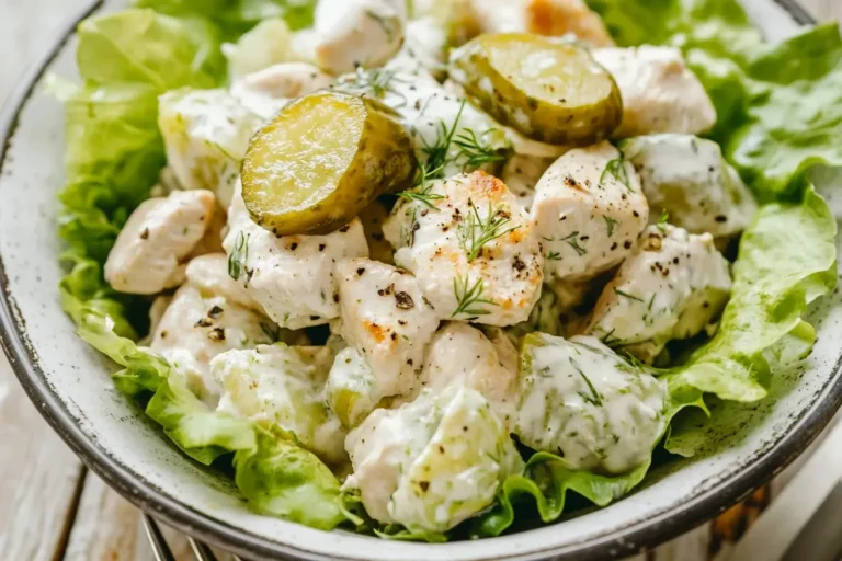 Fresh bowl of Dill Pickle Chicken Salad with creamy dressing, diced pickles, and tender chicken served over crisp lettuce.