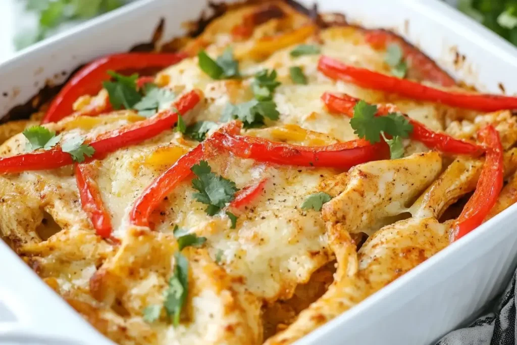 Cheesy Fajita Chicken Casserole topped with red bell peppers and fresh cilantro in a white baking dish.