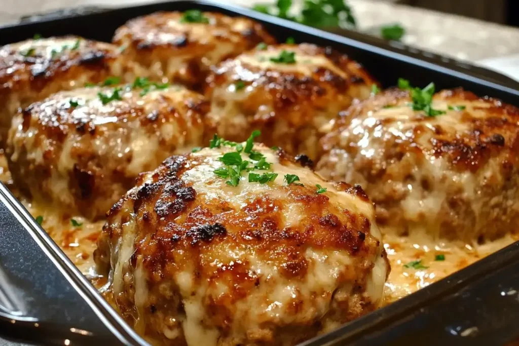 Golden-baked garlic parmesan chicken meatloaves topped with fresh parsley in a black baking dish