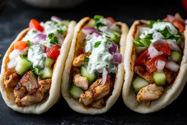 Close-up of Greek Chicken Gyros with Cucumber Tzatziki, topped with fresh vegetables and creamy sauce in warm pita bread