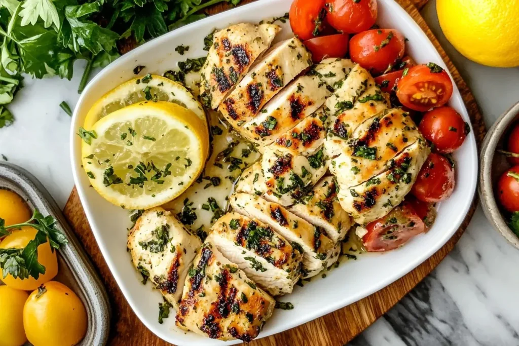Grilled chicken breasts marinated with The Best Greek Chicken Marinade, served with lemon slices and fresh tomatoes.