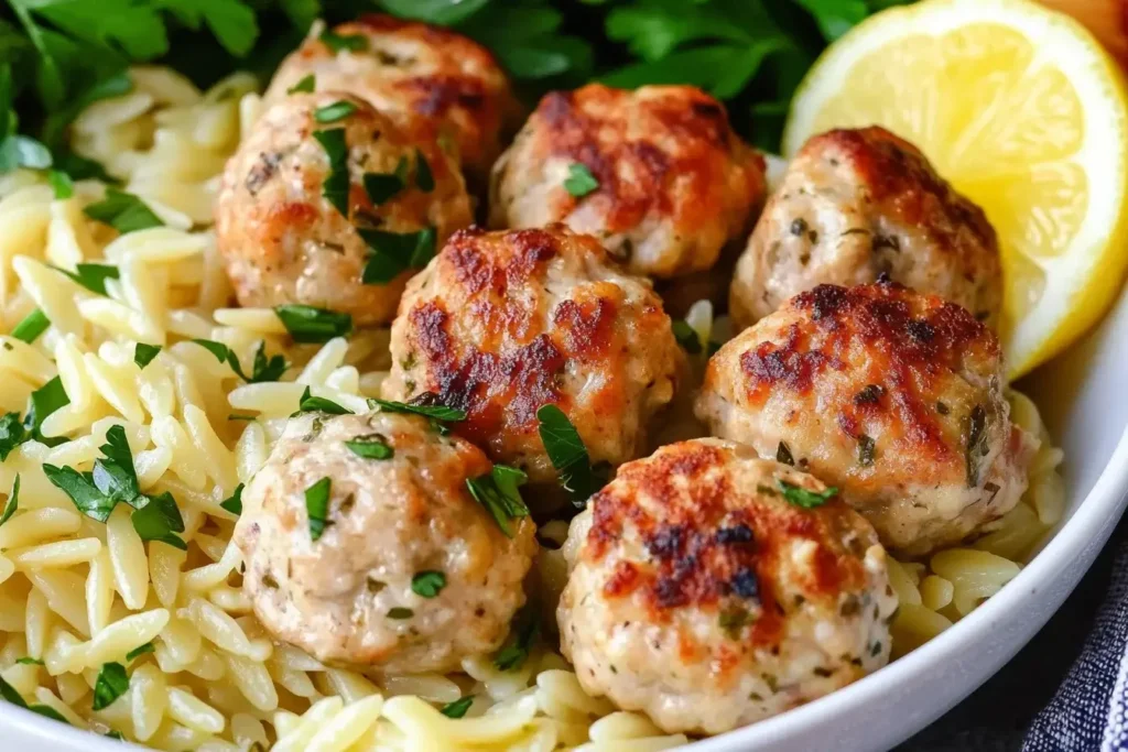 Close-up of Greek Chicken Meatballs with Lemon Orzo, garnished with parsley and lemon slices.
